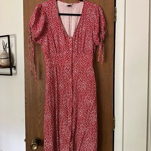red summer floral button down midi dress